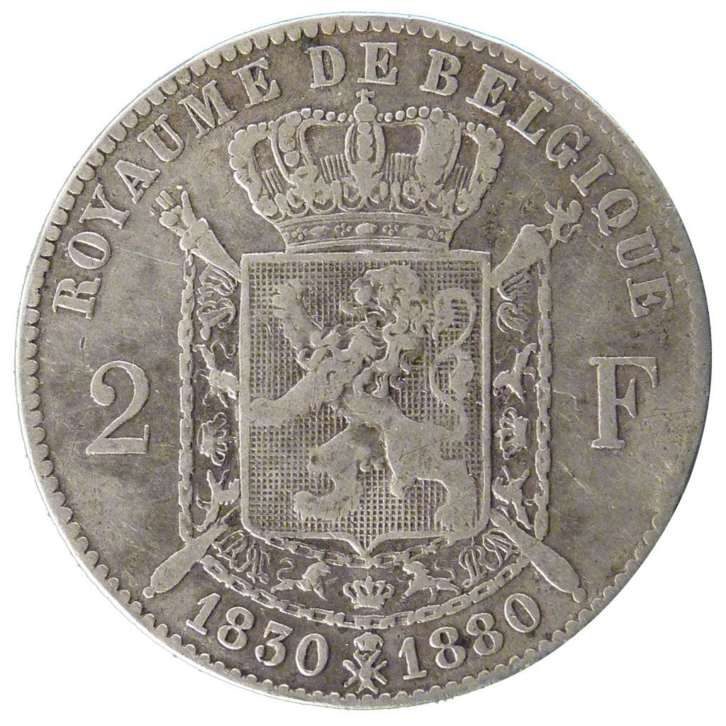 BELGIUM, 2 Francs, 2 Frank, 1880, KM #39, VF(30-35), Silver, 9.80