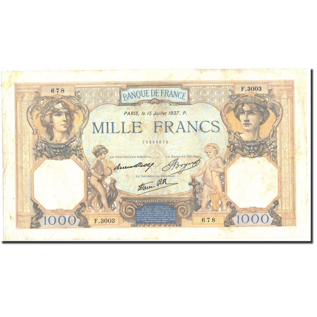 Francia, 1000 Francs, 1 000 F 1927-1940 ''Cérès et Mercure'', 1937