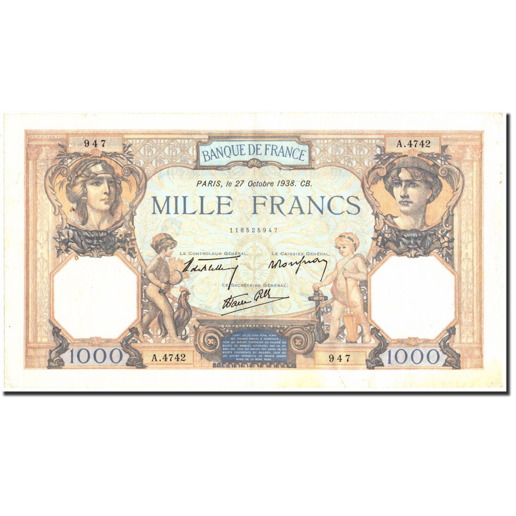 France, 1000 Francs, 1 000 F 1927-1940 ''Cérès et Mercure'', 1938, 1938-10-27