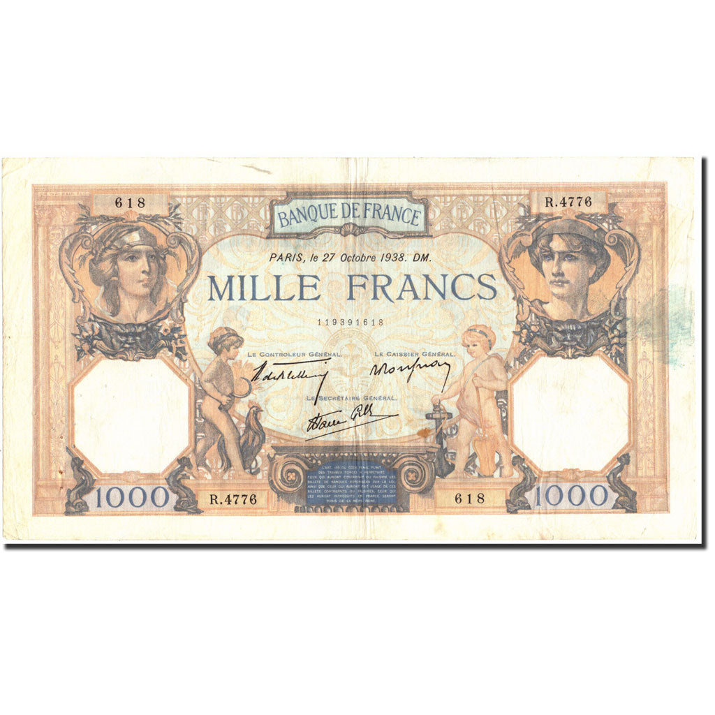France, 1000 Francs, 1 000 F 1927-1940 ''Cérès et Mercure'', 1938, 1938-10-27