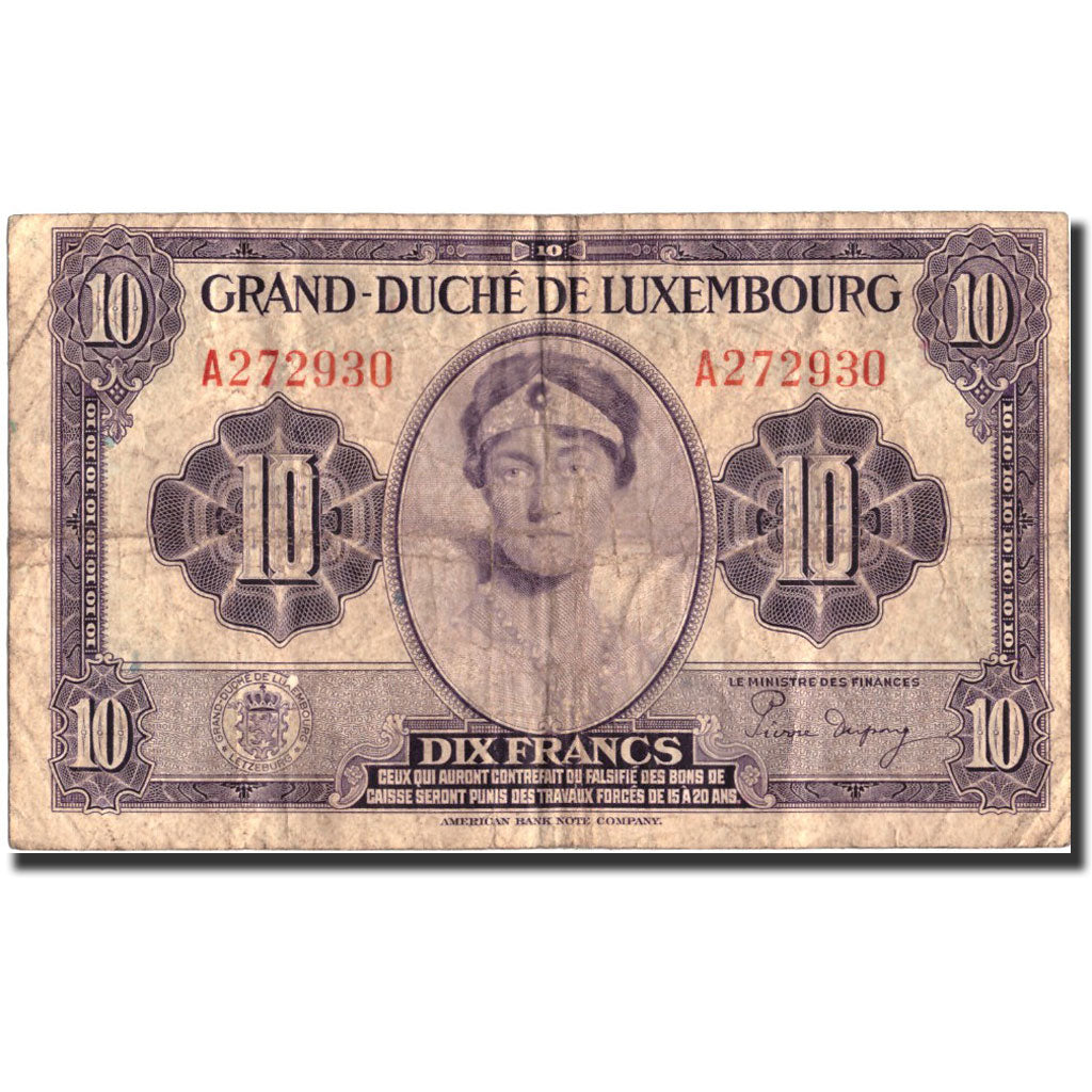 Banknote, Luxembourg, 10 Francs, Undated (1944), Undated, KM:44a, VG(8-10)