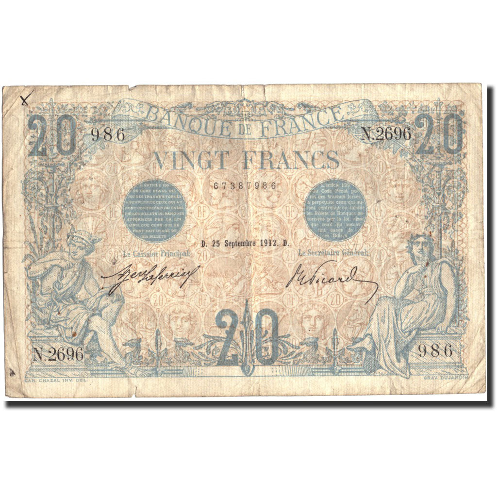 France, 20 Francs, 20 F 1905-1913 ''Bleu'', 1912, 1912-09-25, B, Fayette:10.2