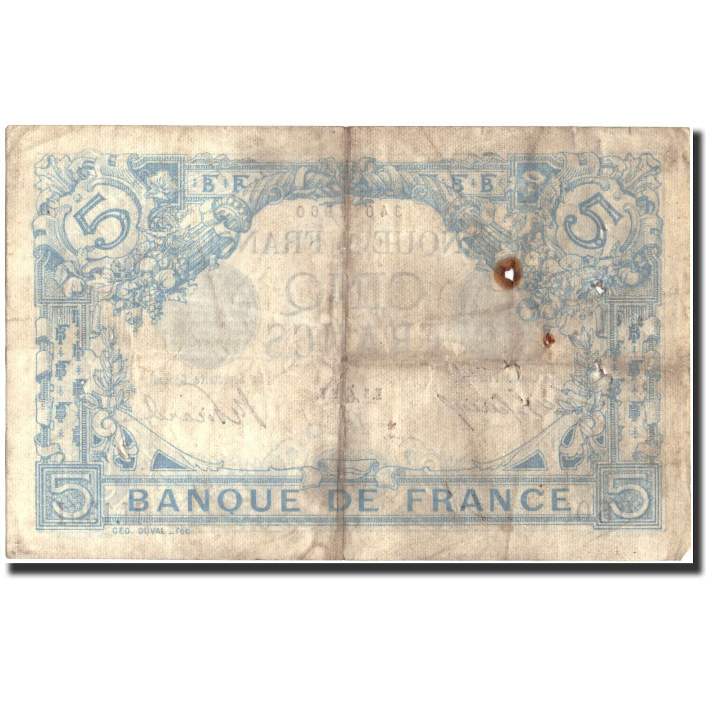 France, 5 Francs, 5 F 1912-1917 ''Bleu'', 1912, 1912-12-05, VG(8-10)