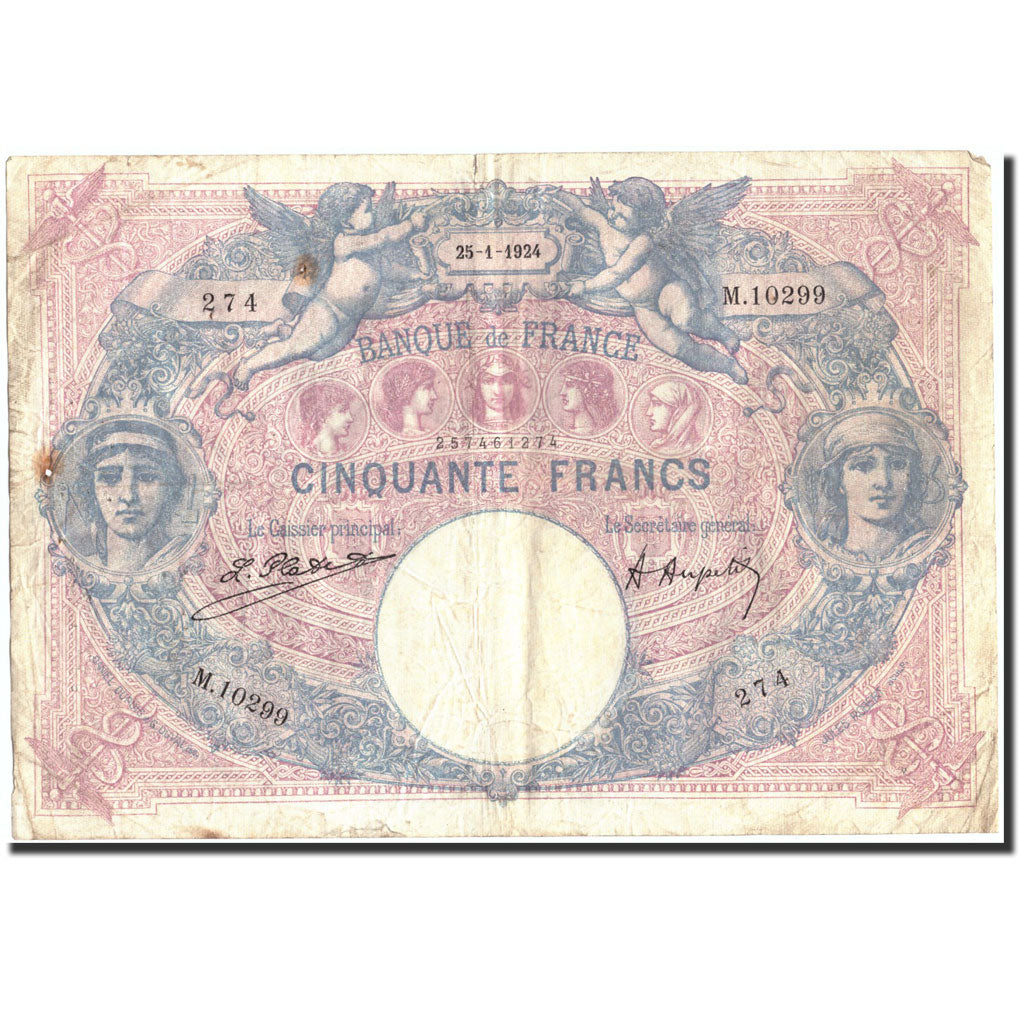 France, 50 Francs, 50 F 1889-1927 ''Bleu et Rose'', 1924, 1924-01-25, VG(8-10)