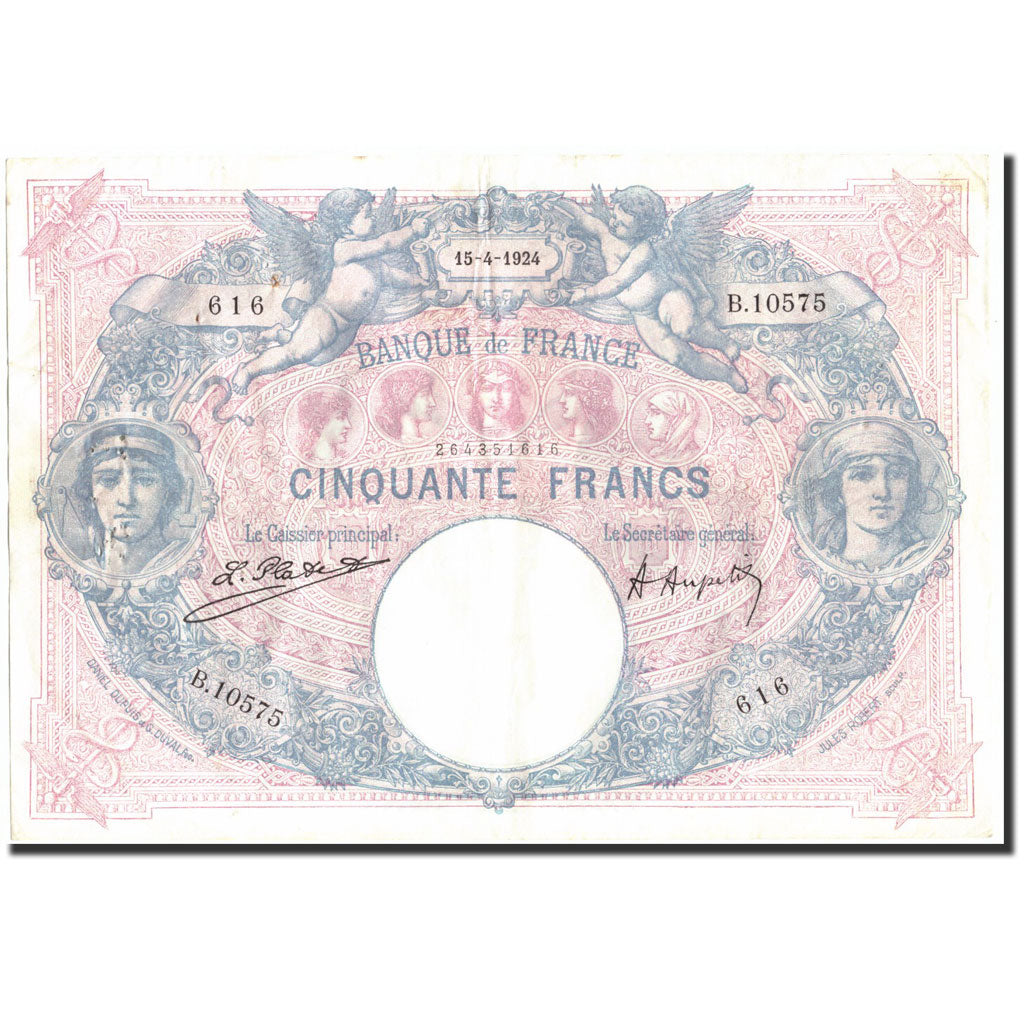 France, 50 Francs, 50 F 1889-1927 ''Bleu et Rose'', 1924, 1924-04-15, VF(20-25)