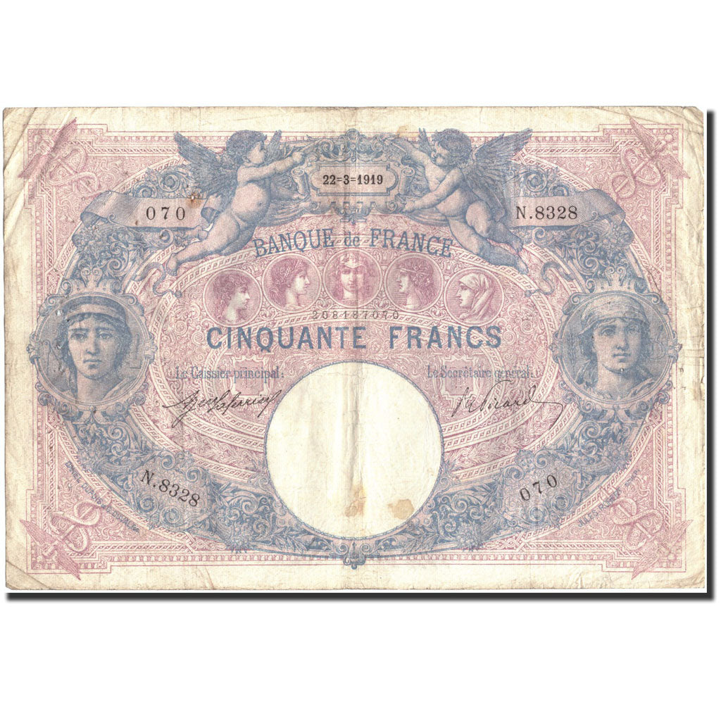 France, 50 Francs, 50 F 1889-1927 ''Bleu et Rose'', 1919, 1919-03-22, F(12-15)