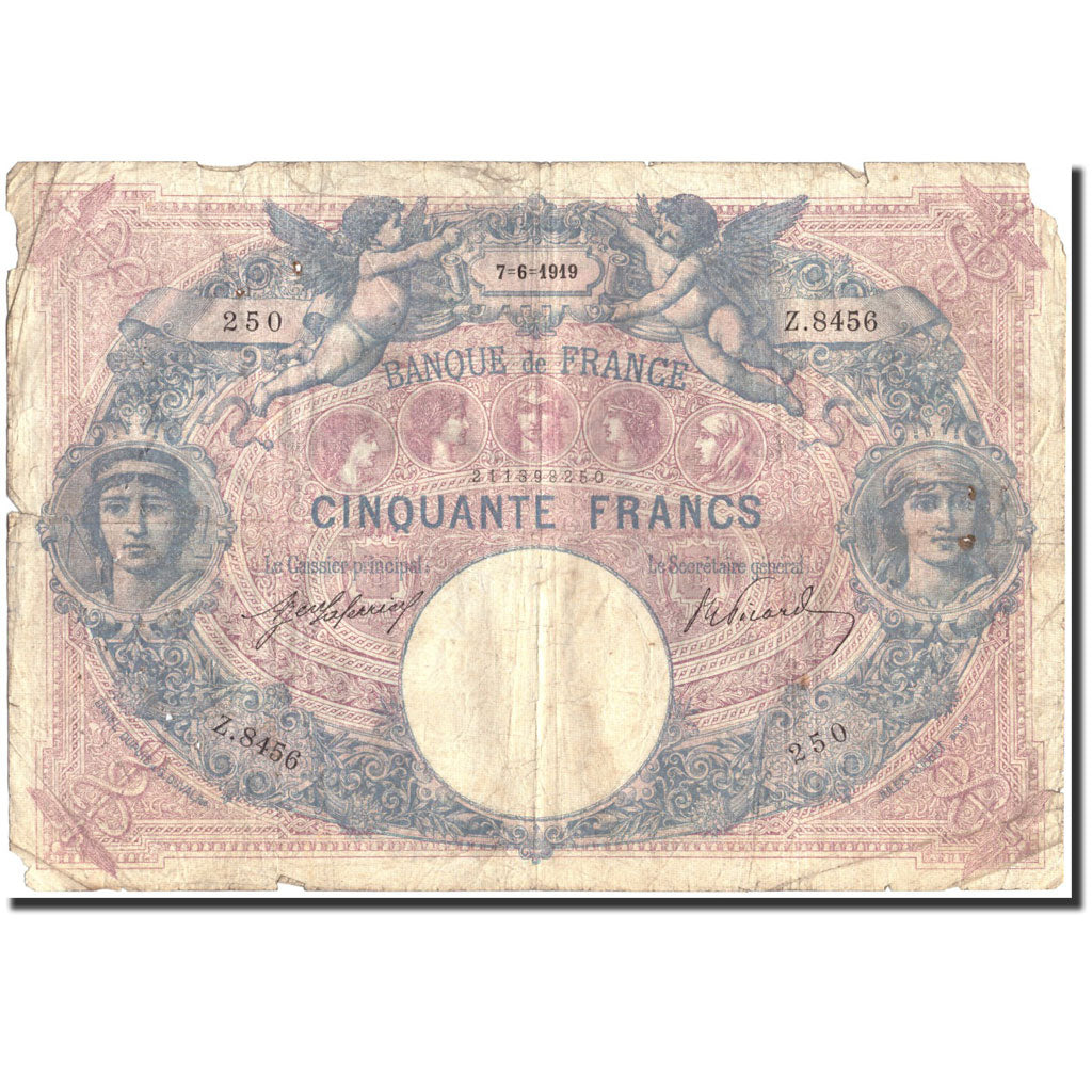 France, 50 Francs, 50 F 1889-1927 ''Bleu et Rose'', 1919, 1919-06-07, VG(8-10)