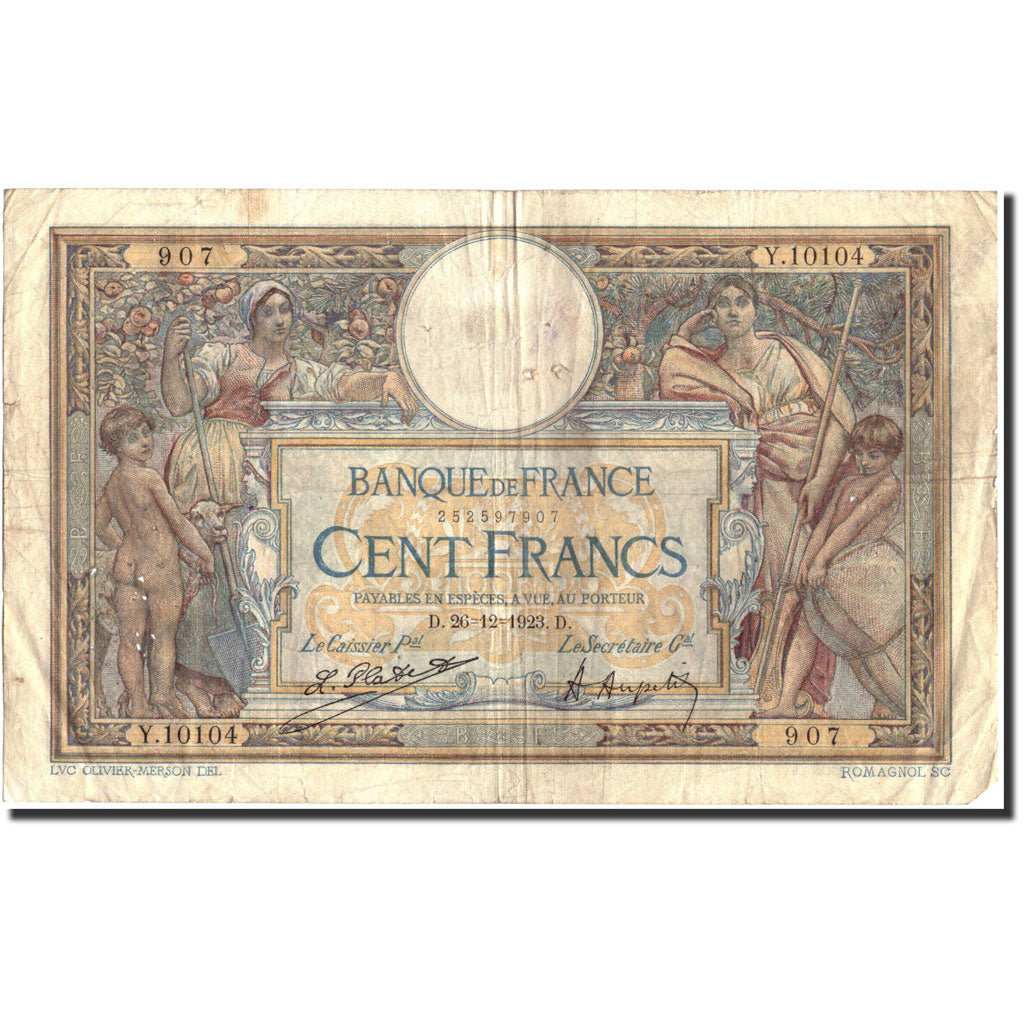 Francia, 100 Francs, 100 F 1908-1939 ''Luc Olivier Merson'', 1923, 1923-12-26