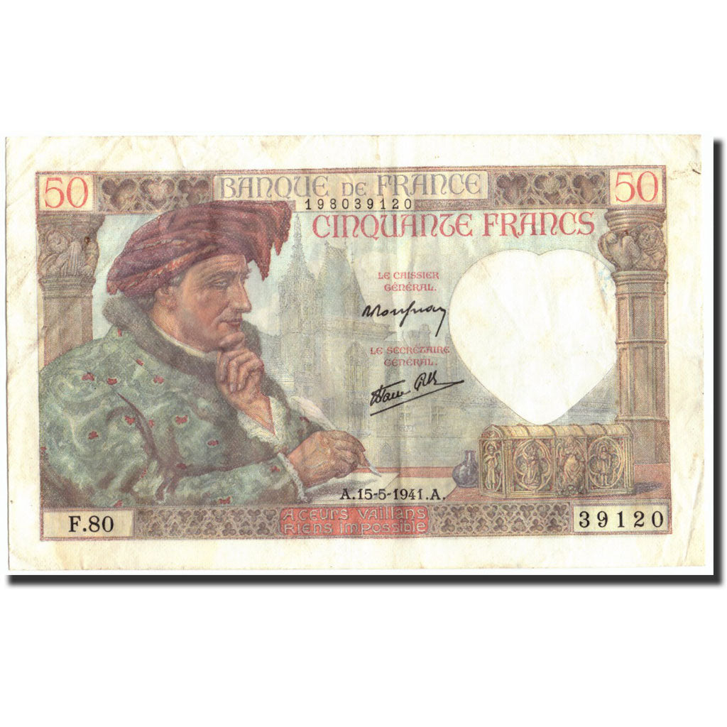 Francja, 50 Francs, Jacques Coeur, 1941, 1941-05-15, VF(30-35), Fayette:19.11