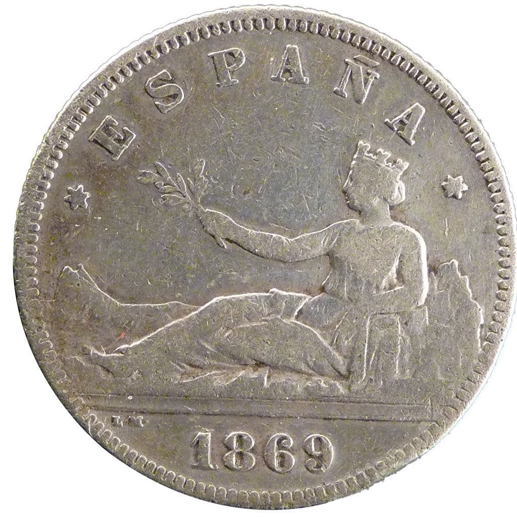 Spain, 2 Pesetas, 1869, Madrid, KM #654, VF(20-25), Silver, 27, 9.80