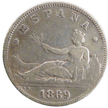 Spain, 2 Pesetas, 1869, Madrid, KM #654, VF(20-25), Silver, 27, 9.80