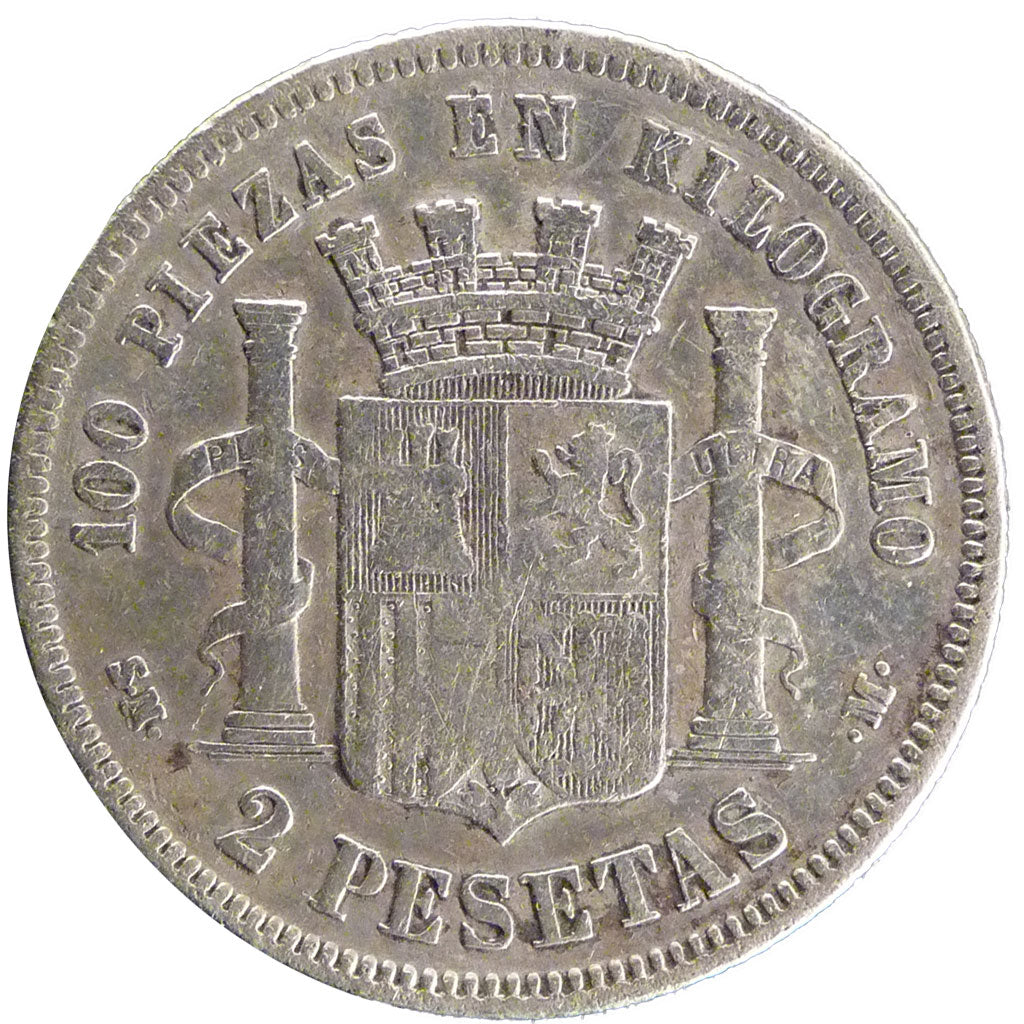 Spain, 2 Pesetas, 1869, Madrid, KM #654, VF(20-25), Silver, 27, 9.80