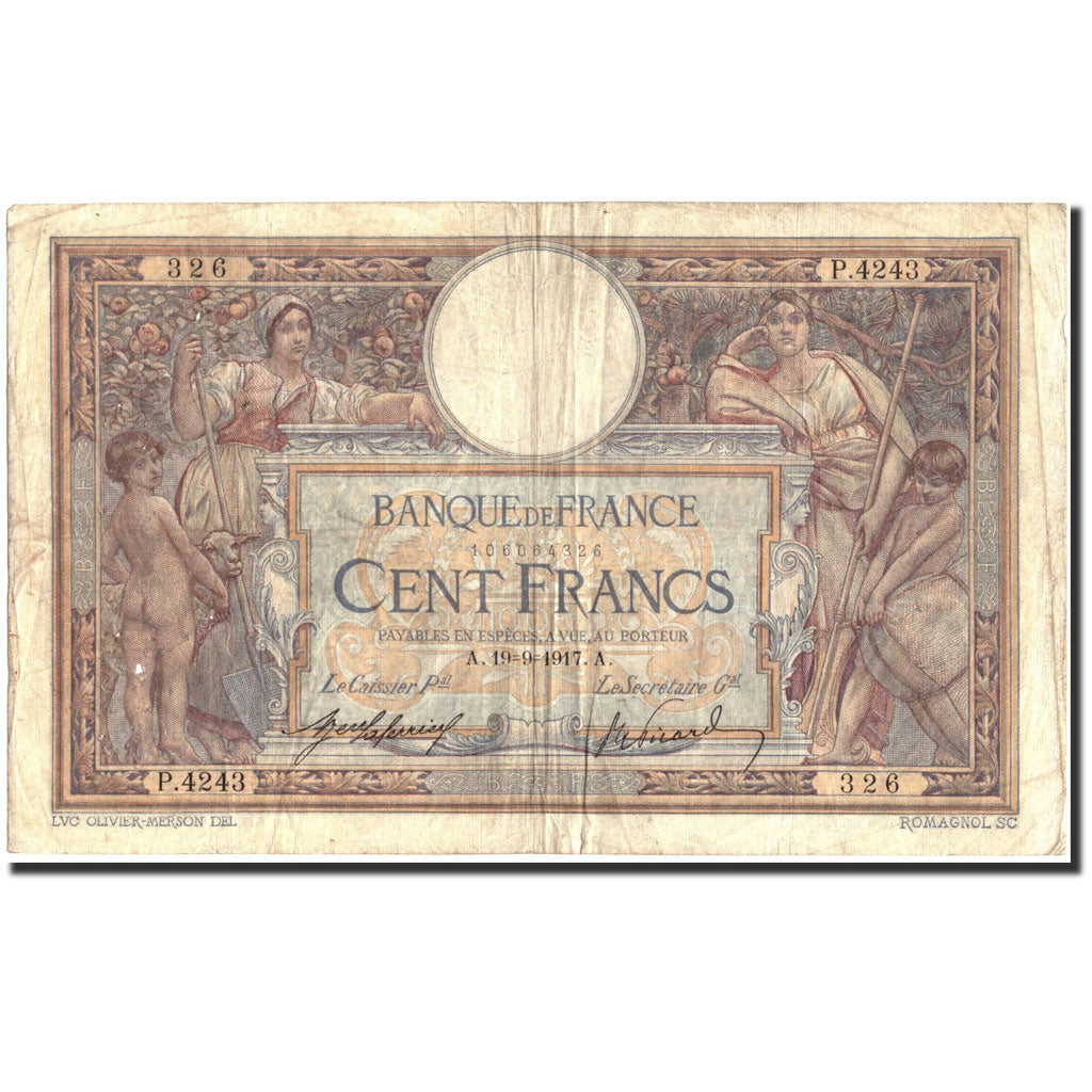 France, 100 Francs, 100 F 1908-1939 ''Luc Olivier Merson'', 1917, 1917-09-19