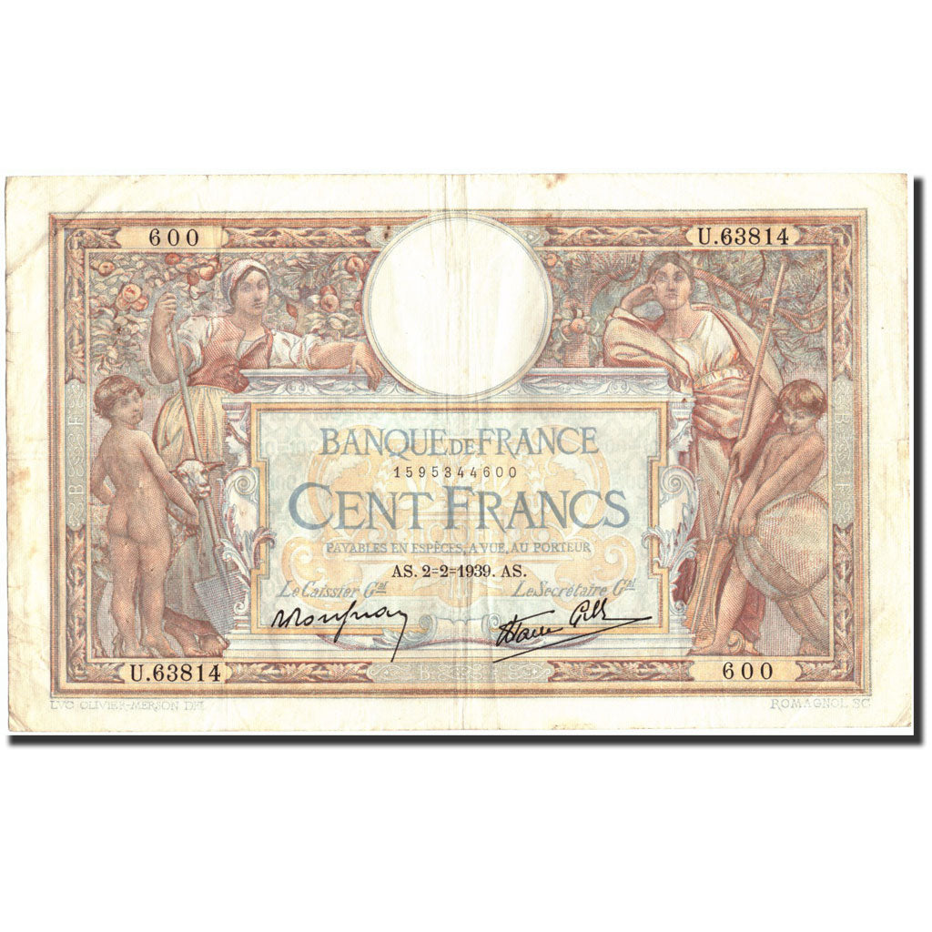 Francia, 100 Francs, 100 F 1908-1939 ''Luc Olivier Merson'', 1939, 1939-02-02