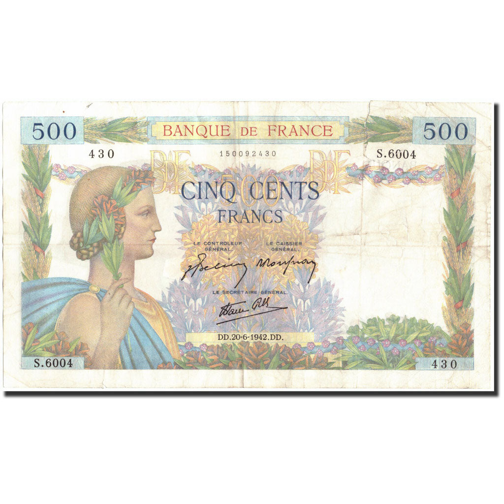 France, 500 Francs, 500 F 1940-1944 ''La Paix'', 1942, 1942-06-20, VG(8-10)