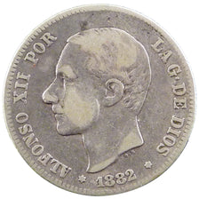 Spain, 2 Pesetas, 1882, KM #678, VF(20-25), Silver, 9.70