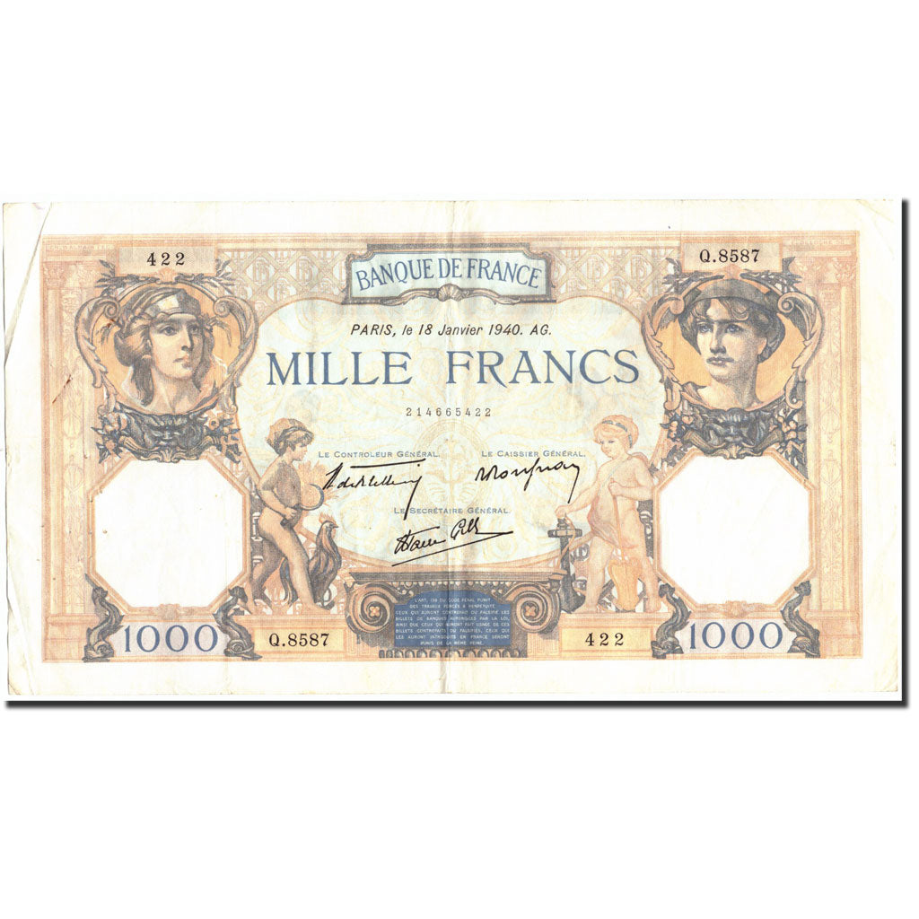 France, 1000 Francs, 1 000 F 1927-1940 ''Cérès et Mercure'', 1940, 1940-01-18