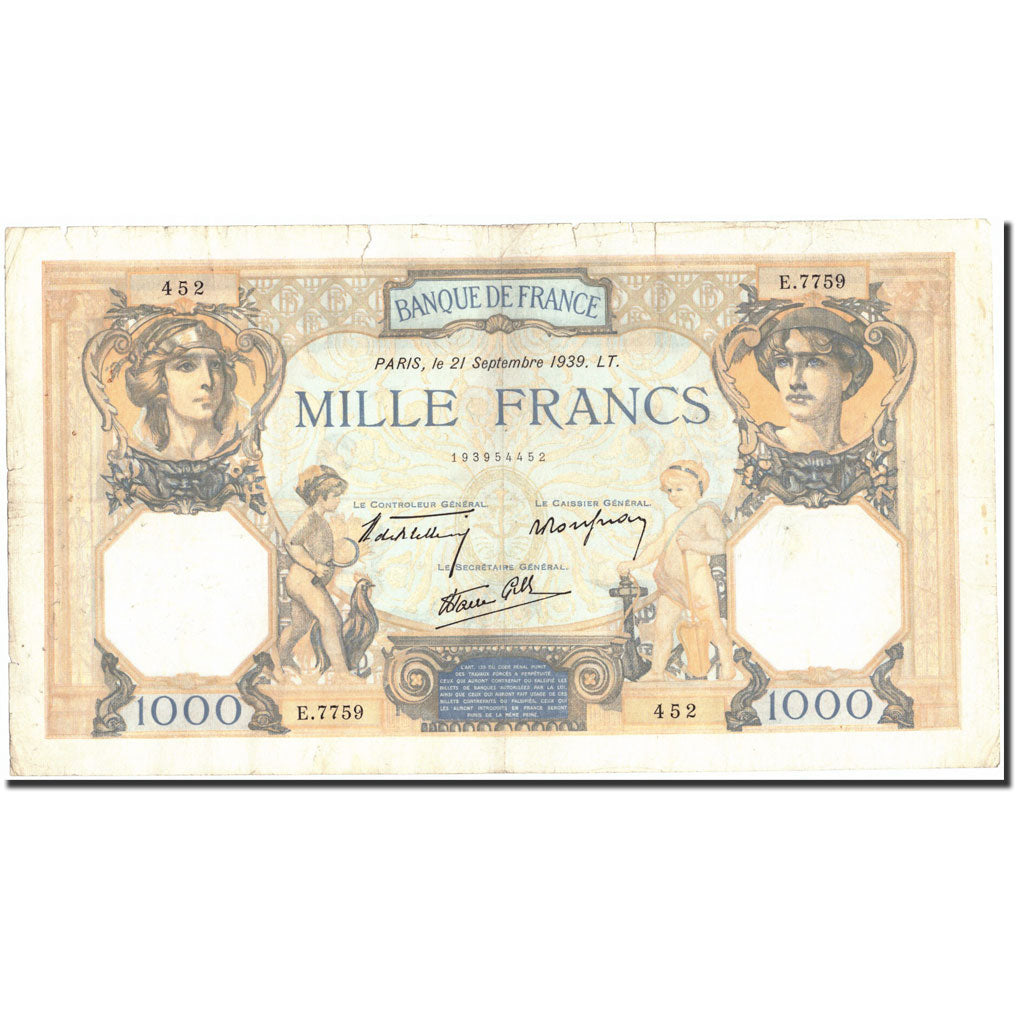 Francia, 1000 Francs, 1 000 F 1927-1940 ''Cérès et Mercure'', 1939
