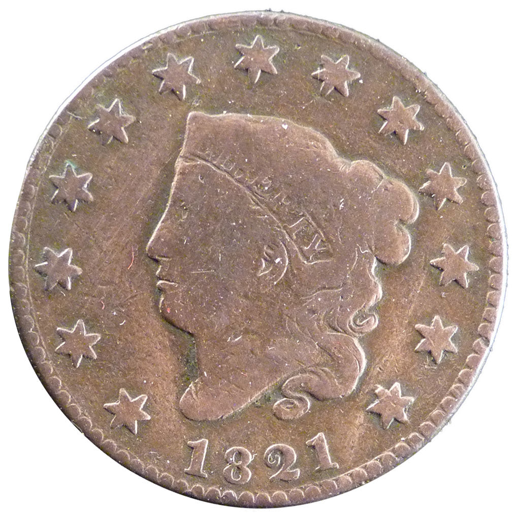 UNITED STATES, Coronet Cent, Cent, 1821, U.S. Mint, KM #45, F(12-15), Copper,...