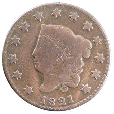 UNITED STATES, Coronet Cent, Cent, 1821, U.S. Mint, KM #45, F(12-15), Copper,...