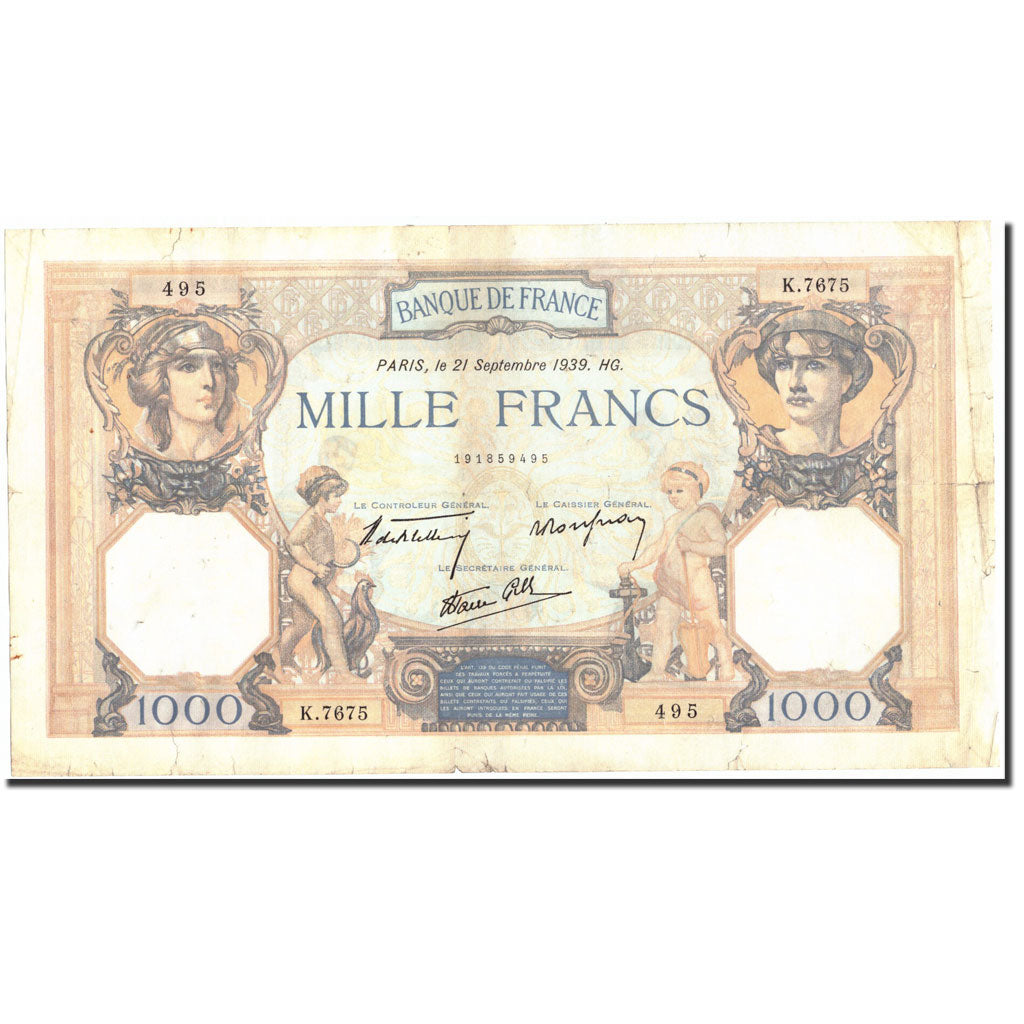 Francia, 1000 Francs, 1 000 F 1927-1940 ''Cérès et Mercure'', 1939
