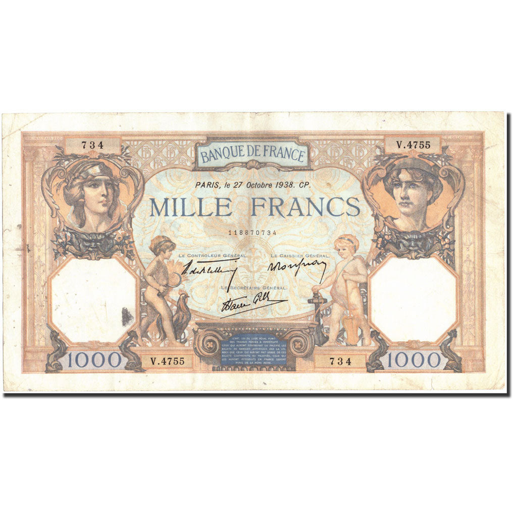 France, 1000 Francs, 1 000 F 1927-1940 ''Cérès et Mercure'', 1938, 1938-10-27