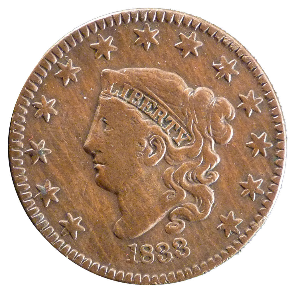 United States, Coronet Cent, 1 Cent, 1833, KM #45, VF(30-35), Copper, 28-29,...