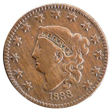 United States, Coronet Cent, 1 Cent, 1833, KM #45, VF(30-35), Copper, 28-29,...