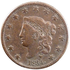 UNITED STATES, Coronet Cent, Cent, 1834, U.S. Mint, KM #45, EF(40-45), Copper,..