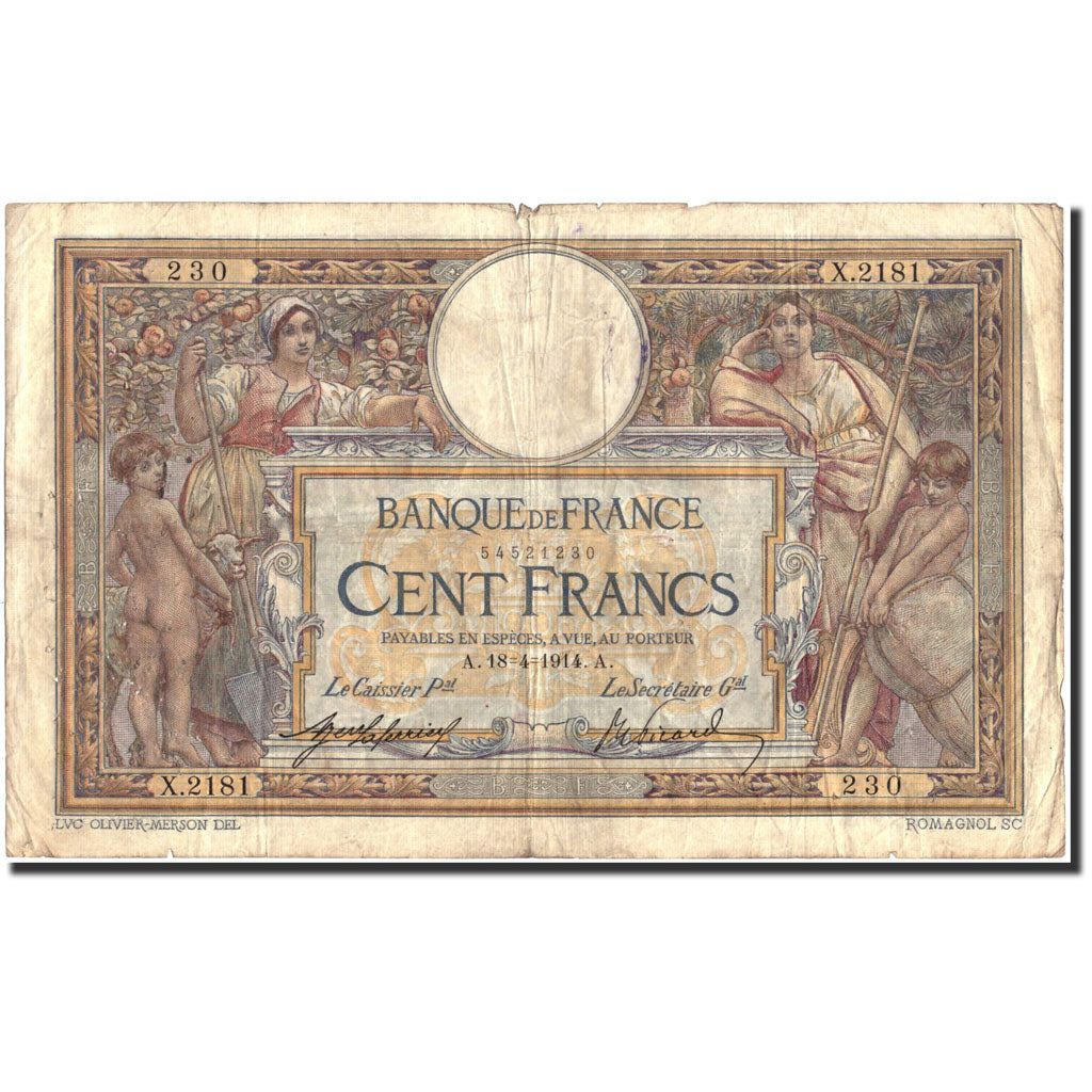 France, 100 Francs, 100 F 1908-1939 ''Luc Olivier Merson'', 1914, 1914-04-18