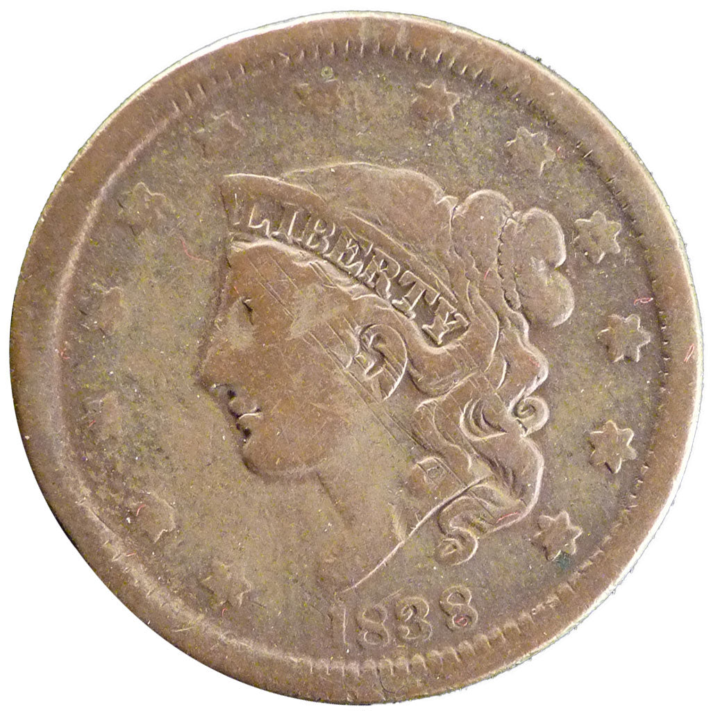 UNITED STATES, Coronet Cent, Cent, 1838, U.S. Mint, KM #45, F(12-15), Copper,...