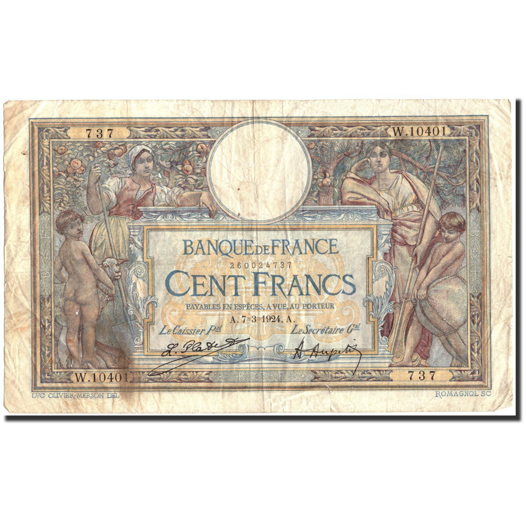 Francia, 100 Francs, 100 F 1908-1939 ''Luc Olivier Merson'', 1924, 1924-03-07