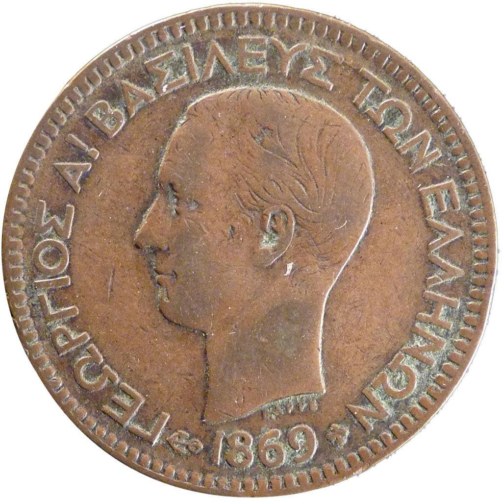GREECE, 10 Lepta, 1869, Strassburg, KM #43, EF(40-45), Copper, 9.80