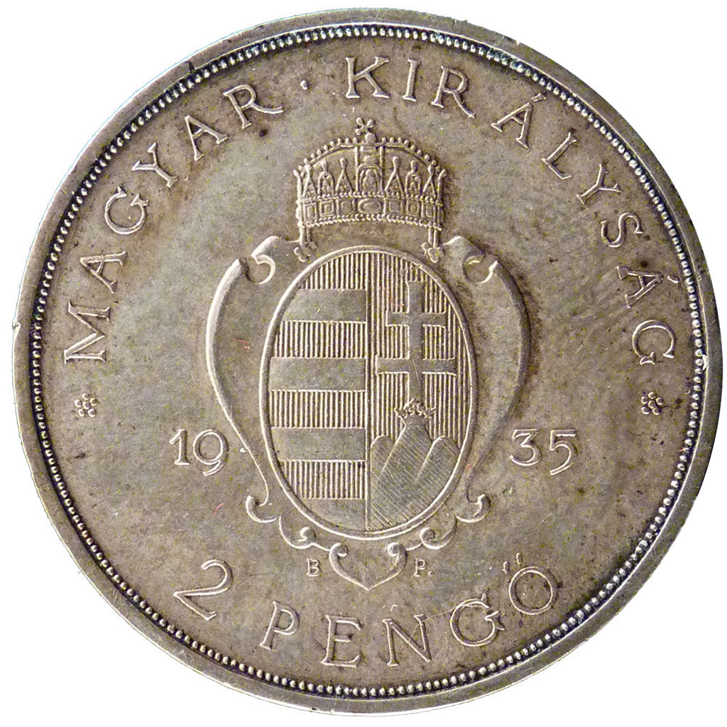 HUNGARY, 2 Pengo, 1935, KM #513, AU(55-58), Silver, 27, 10.00