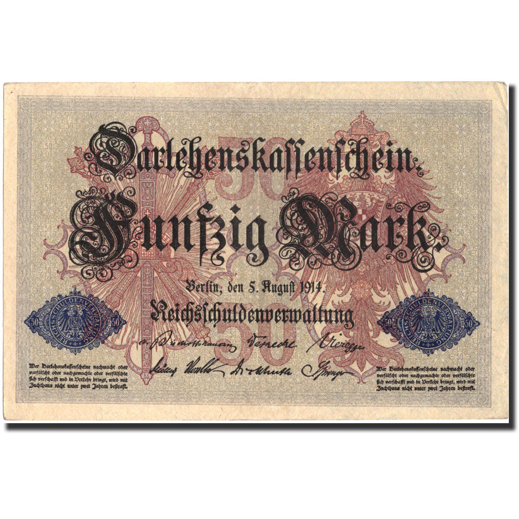 Banknote, Germany, 50 Mark, 1914, 1914, KM:49b, AU(55-58)
