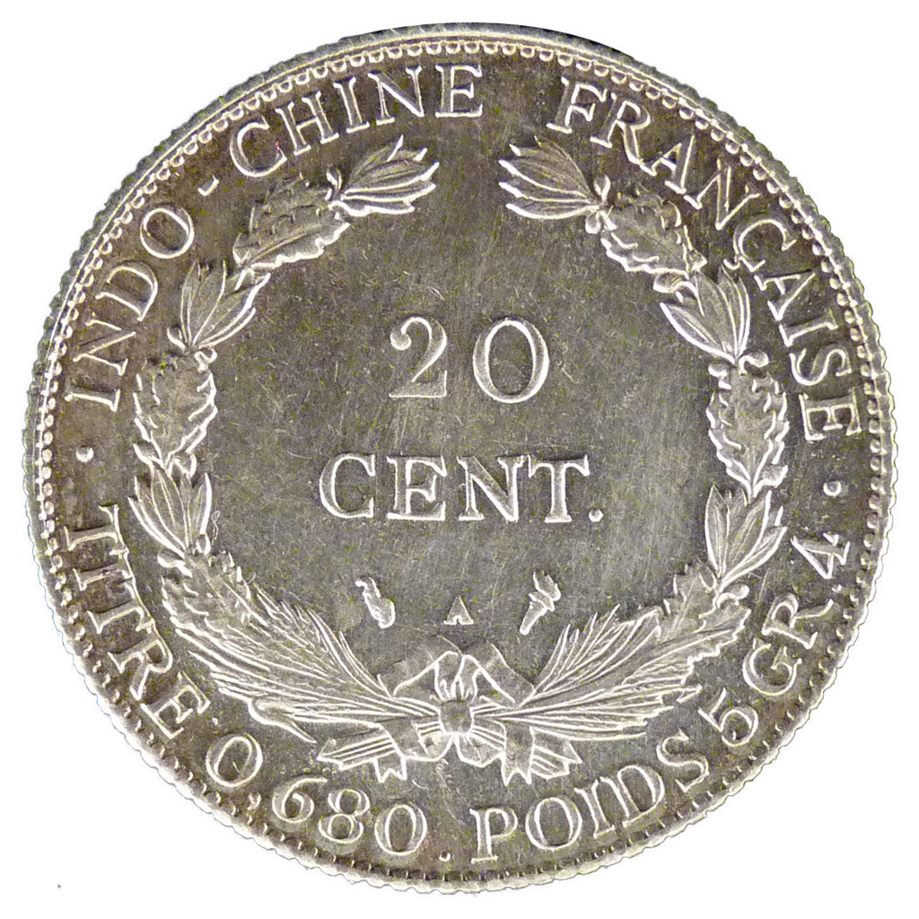 Indochine, 20 Cent, 1930, Paris, AU(55-58), Silver, Lecompte #230, 5.40