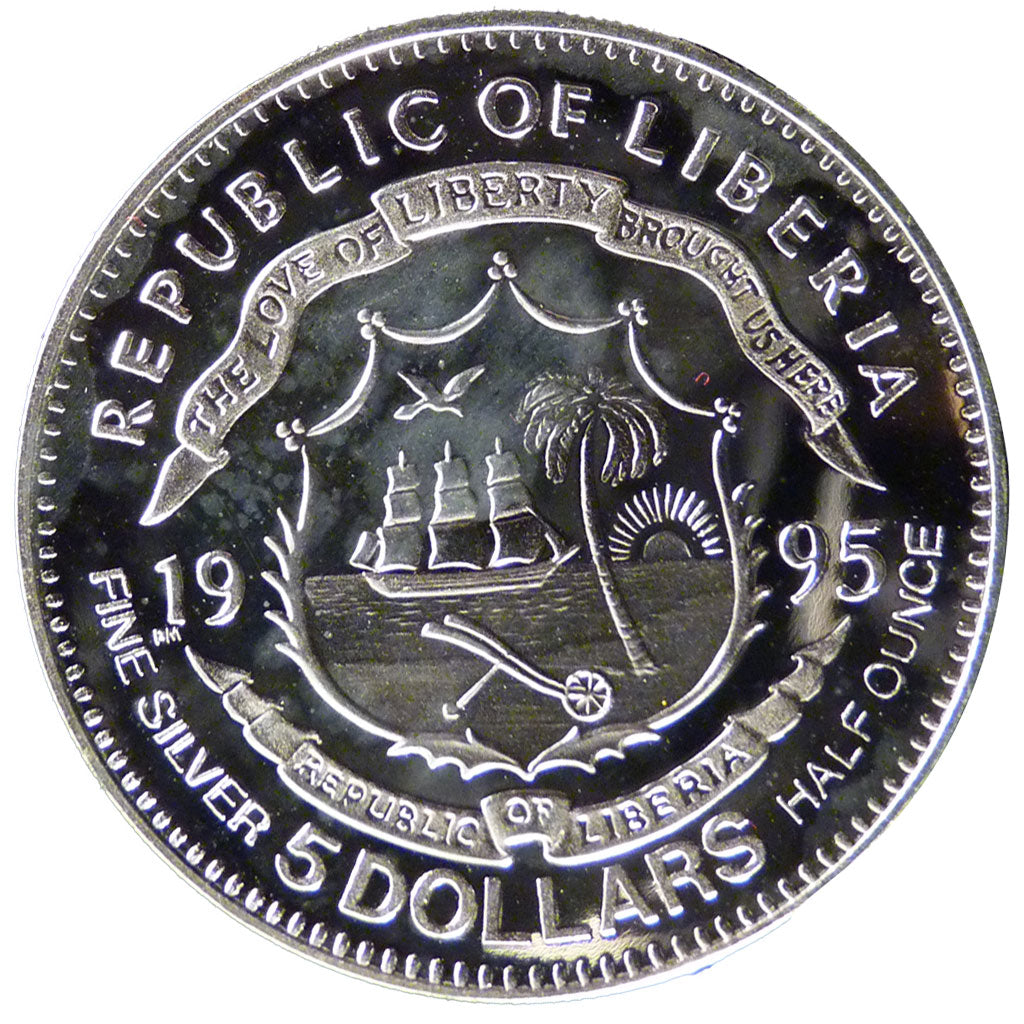 Liberia, 5 Dollars, 1995, MS(65-70), Silver, 15.60