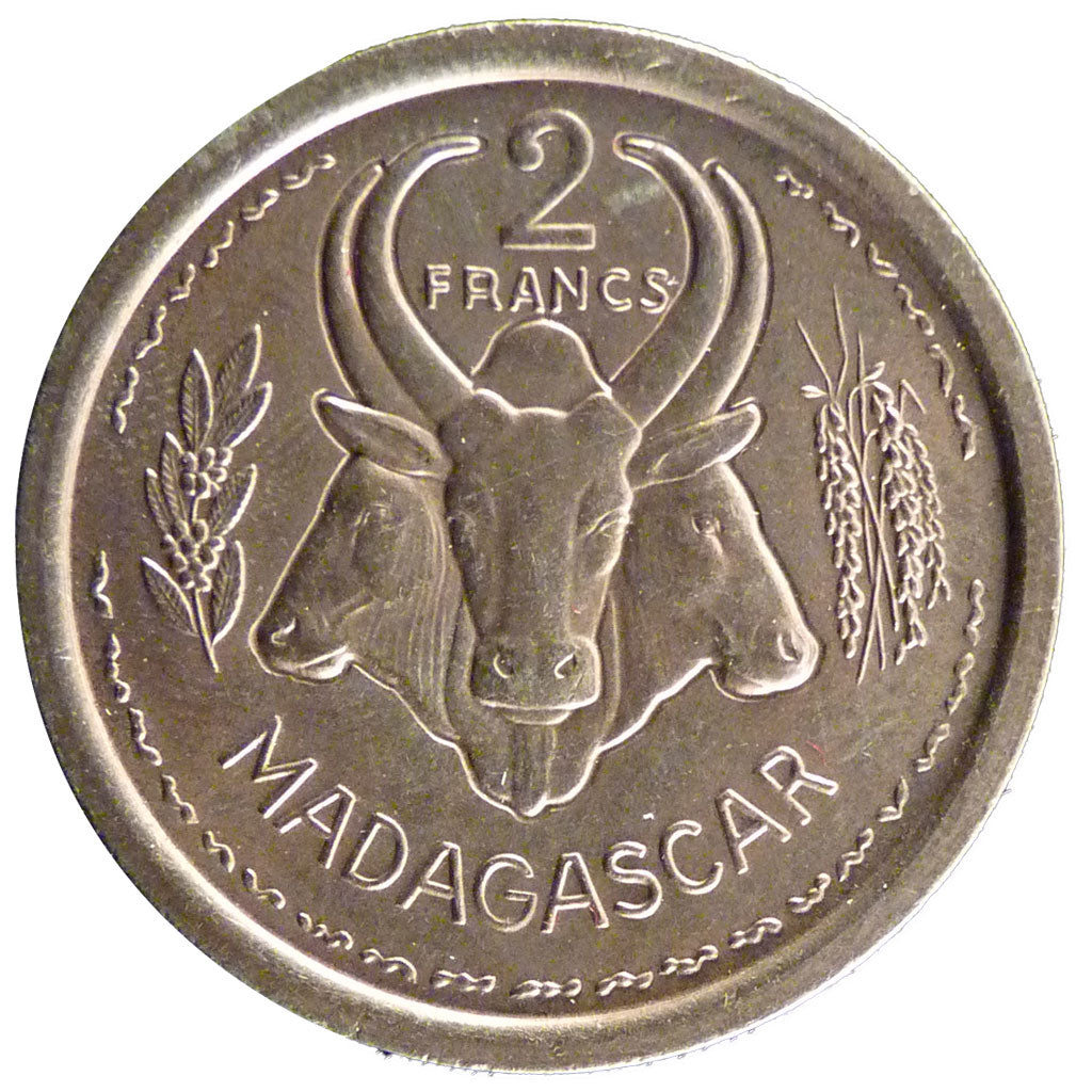 MADAGASCAR, 2 Francs, 1948, Paris, KM #E2, MS(65-70), Copper-Nickel, Lecompte...