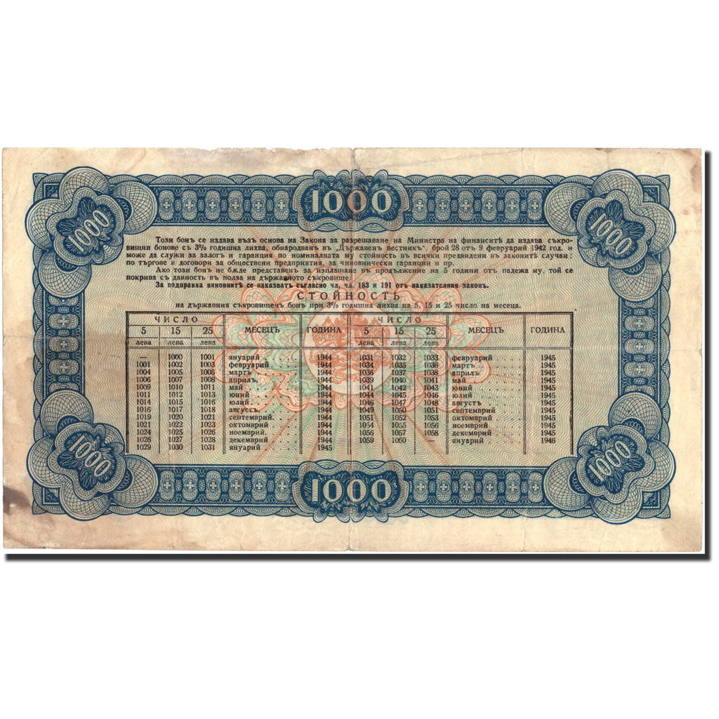 Banconote, Bulgaria, 1000 Leva, 1944, 1944, KM:67k, BB