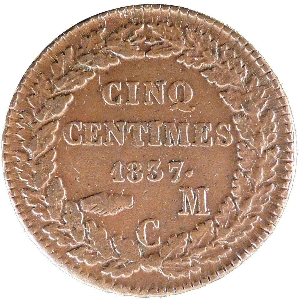 Monaco, 5 Centimes, 1837, Monte Carlo, EF(40-45), Bronze, Gadoury #102, 9.50
