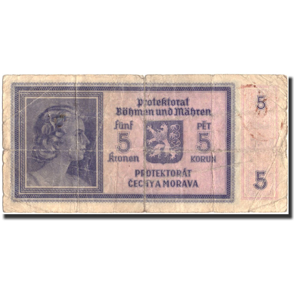Banknote, Bohemia and Moravia, 5 Korun, 1940, Undated (1940), KM:4a, VG(8-10)
