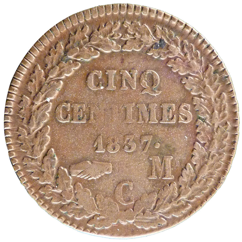 Monaco, 5 Centimes, 1837, Monte Carlo, VF(30-35), Bronze, Gadoury #102, 8.60