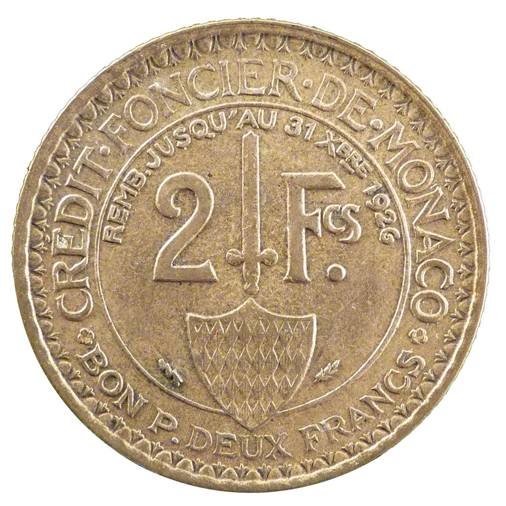 Monaco, 2 Francs, 1924, Poissy, EF(40-45), Aluminium-Bronze, Gadoury #129, 7.80