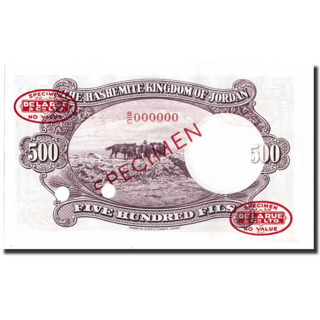 Banknote, Jordan, 500 Fils, 1952, 1952, Specimen TDLR, KM:5As, UNC(65-70)