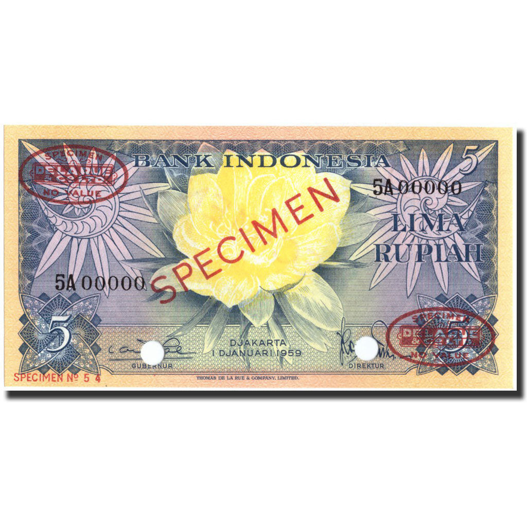 Banknote, Indonesia, 5 Rupiah, 1959, Specimen TDLR, KM:65, UNC(65-70)
