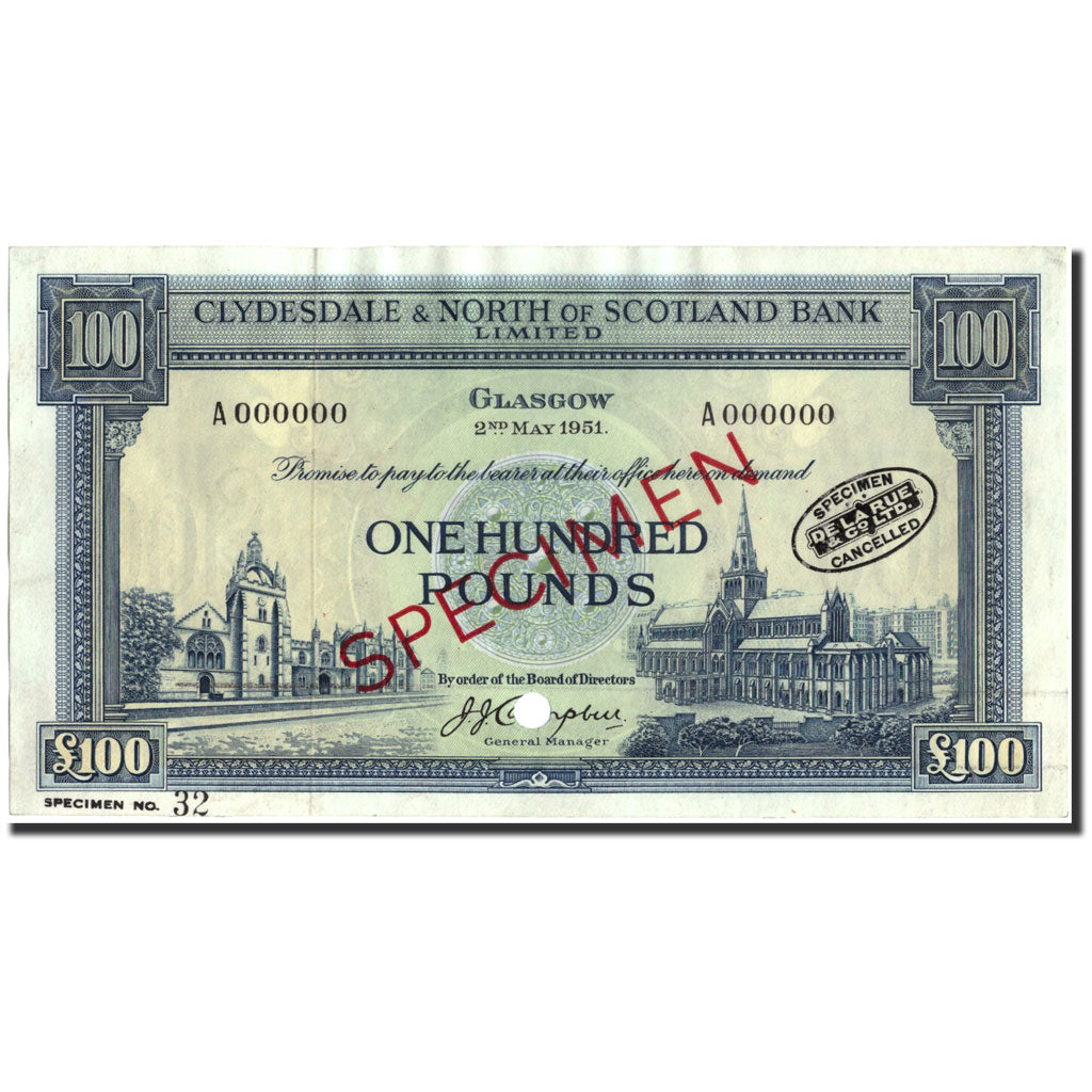 Banknote, Scotland, 100 Pounds, 1951, 1951-05-02, Specimen TDLR, KM:194, UNC(63)