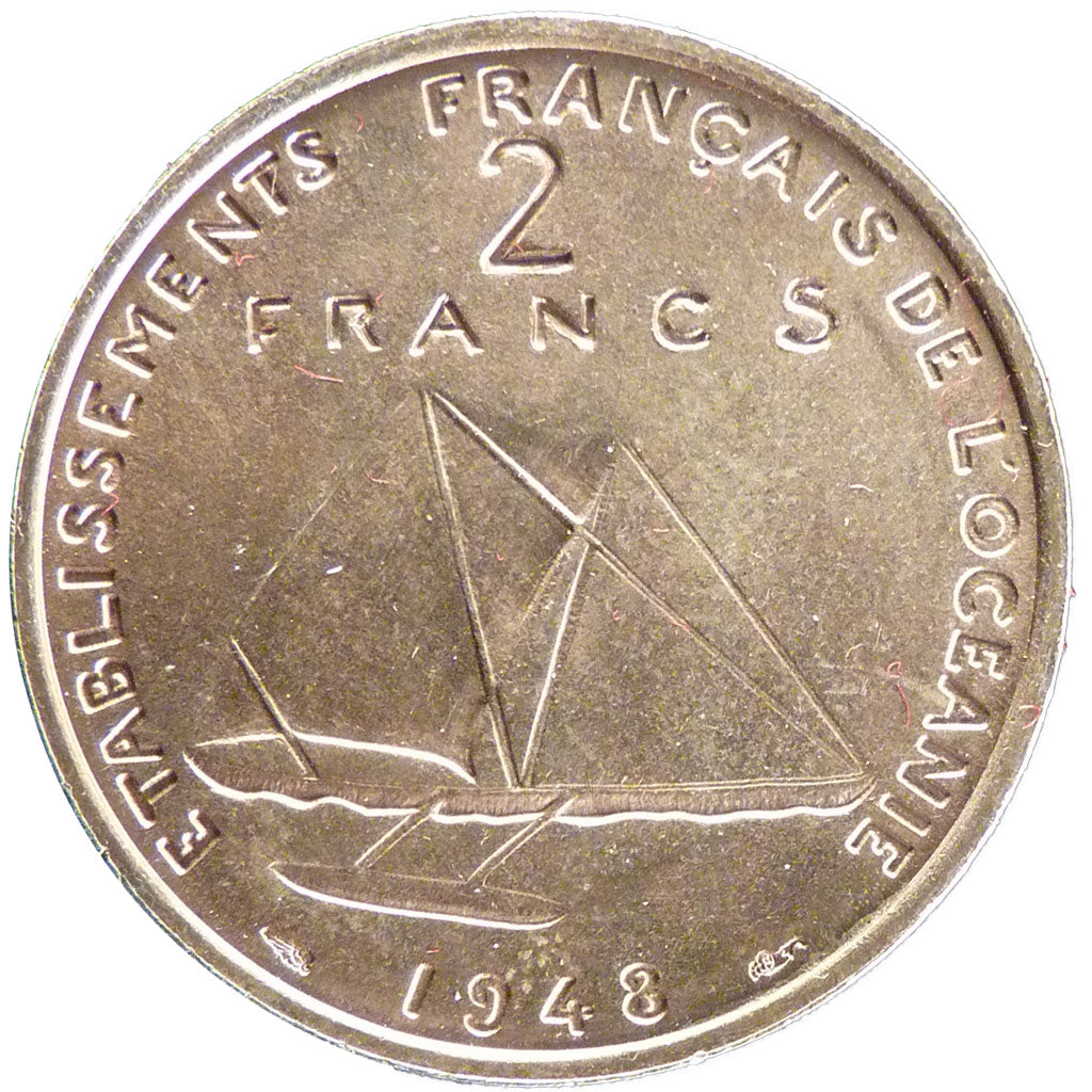 FRENCH OCEANIA, 2 Francs, 1948, KM #E6, MS(65-70), Copper-Nickel, 26.9,...