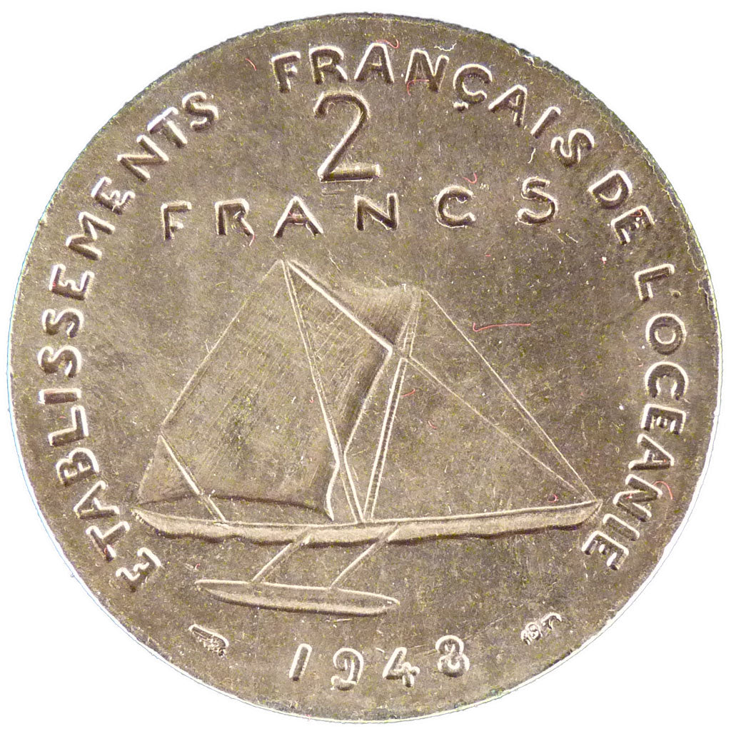 French Oc&eacute;ania, 2 Francs, 1948, AU(55-58), Nickel-Bronze, Lecompte #11,..