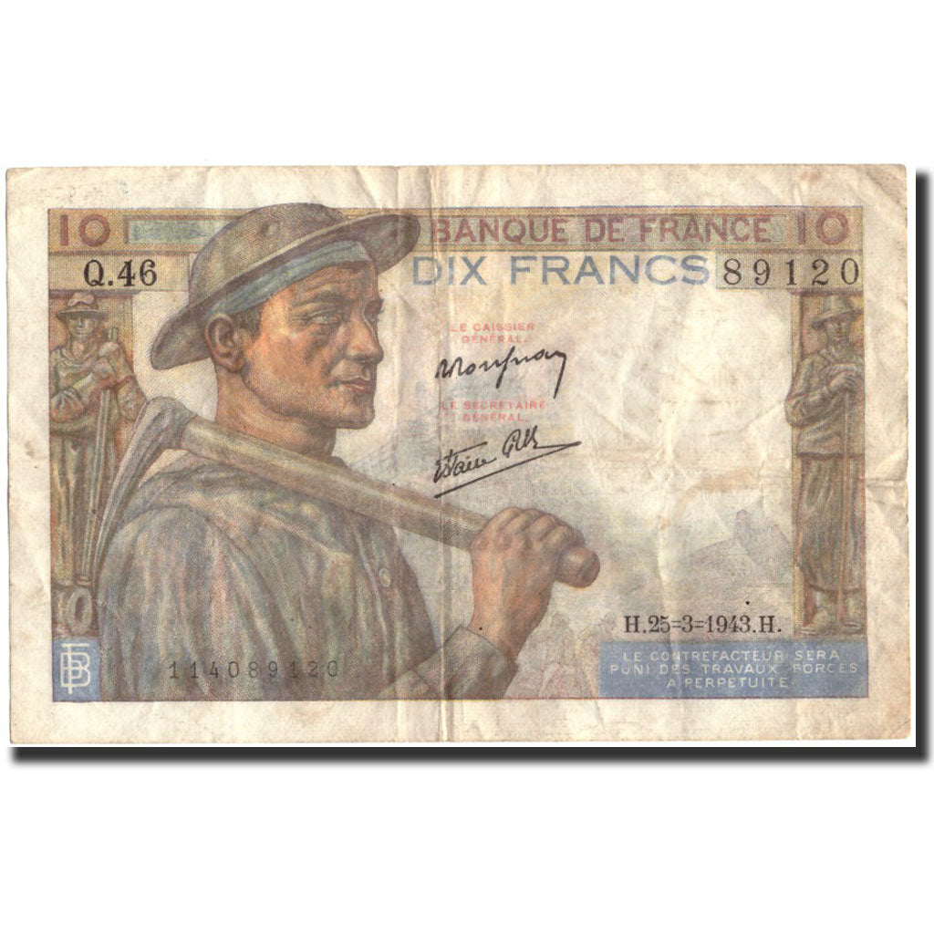 Francia, 10 Francs, 10 F 1941-1949 ''Mineur'', 1943, 1943-03-25, MB+, KM:99e