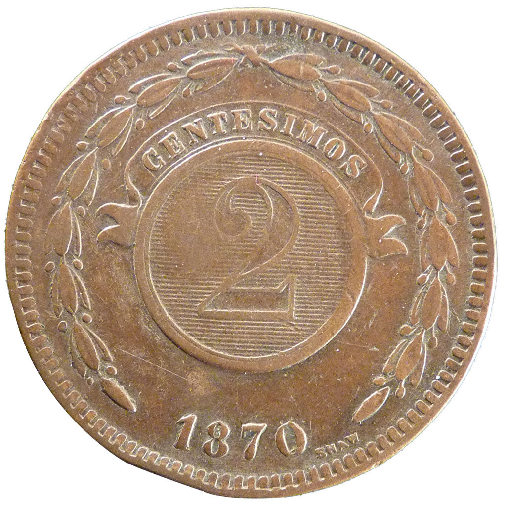 Paraguay, 2 Centesimos, 1870, KM #3, EF(40-45), Bronze, 9.80